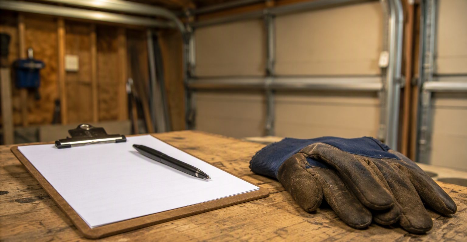 Clipboard with a pen and work gloves resting on a workbench in a garage