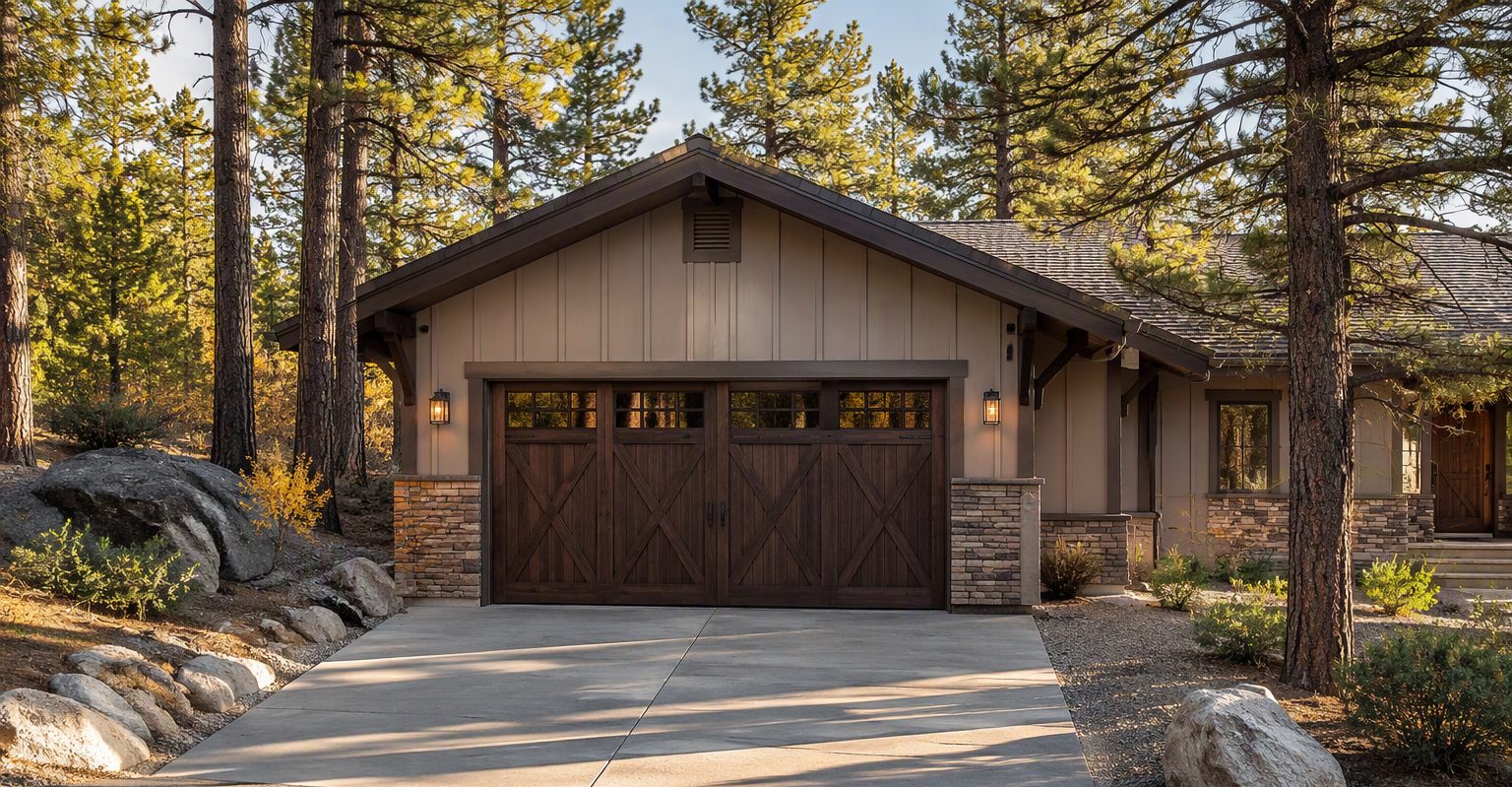Carriage-style garage door on a ranch home framed by ponderosa pines in autumn light