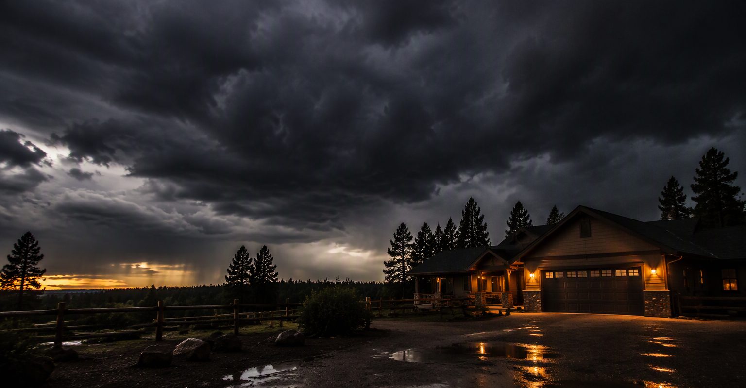 Dark monsoon storm clouds building over a high-desert ranch home at dusk