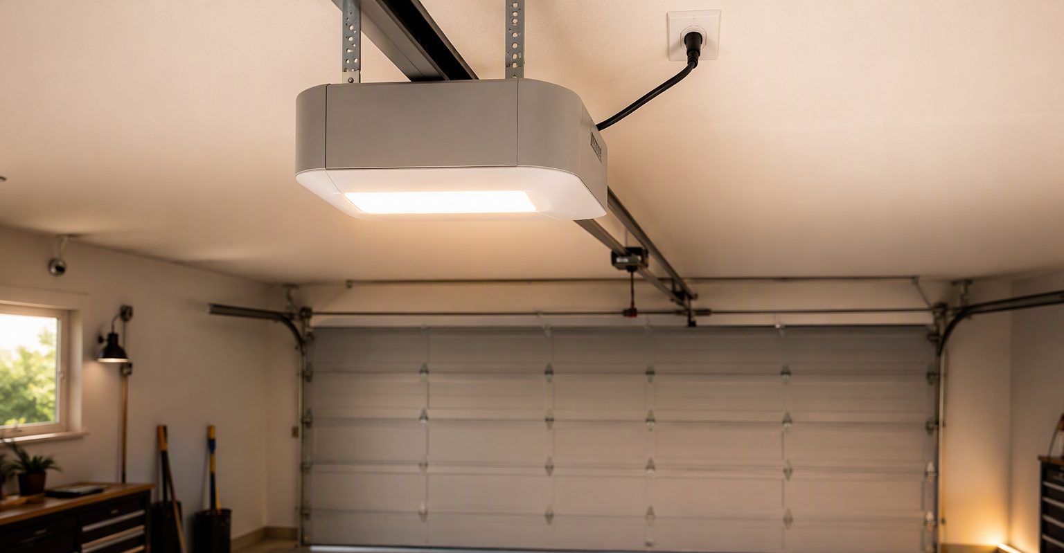 Ceiling-mounted garage door opener unit above a closed garage door