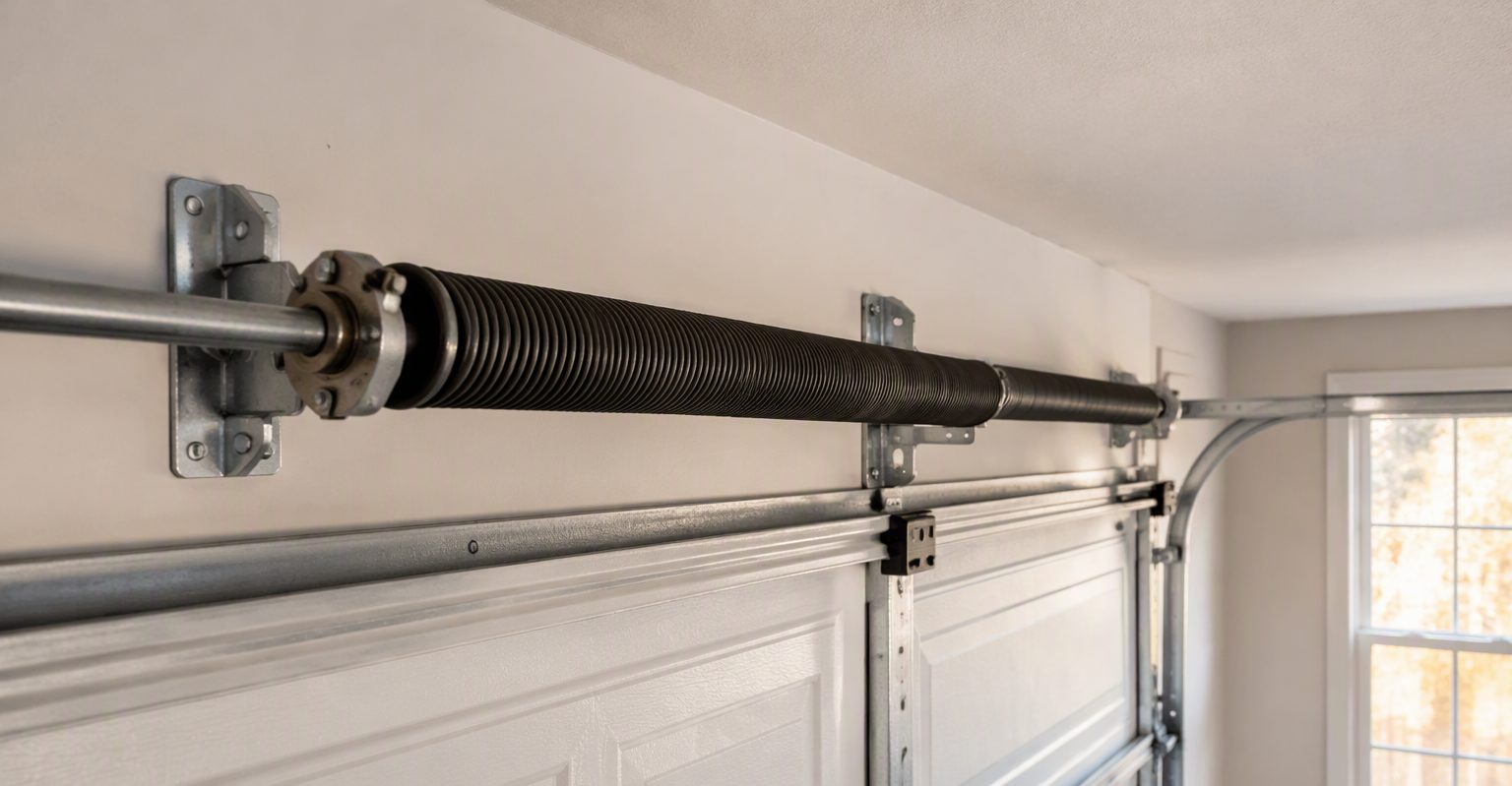 Torsion spring and shaft mounted above a garage door inside a residential garage