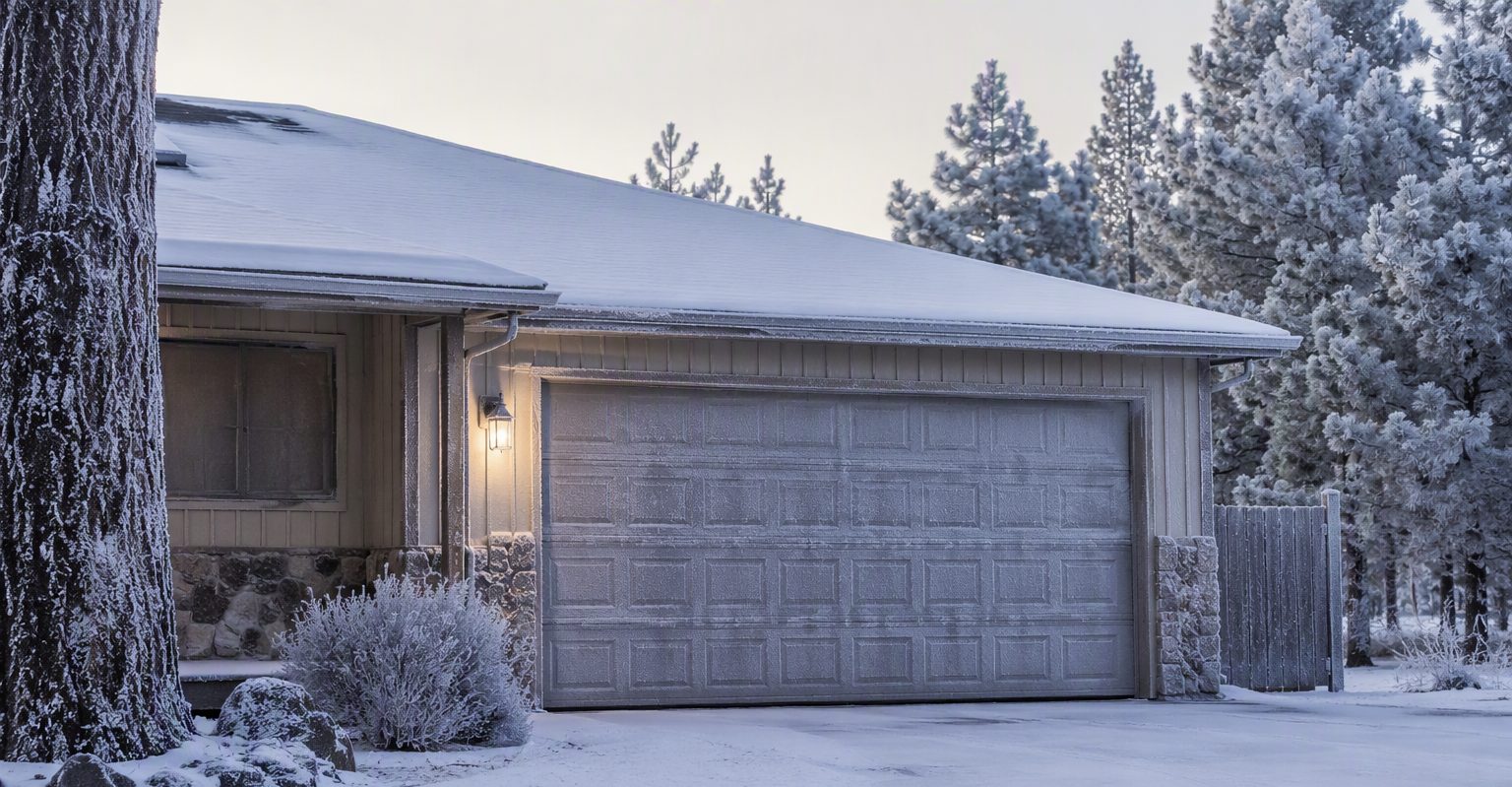 Frost-covered garage door of a ranch home on a pale January morning